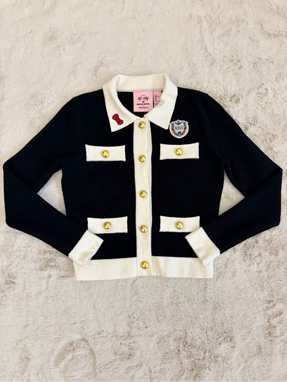 Hello Kitty x Forever 21 XO Kitty Black White Gold Button Cardigan Size S - Picture 2 of 9